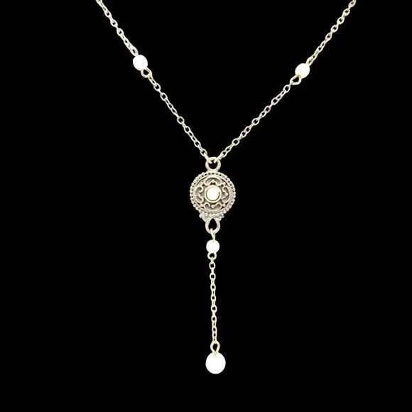 Vintage-Style Bronze Necklace Pink Pearl Accents & Ornate Central Pendant 16" - Picture 1 of 4